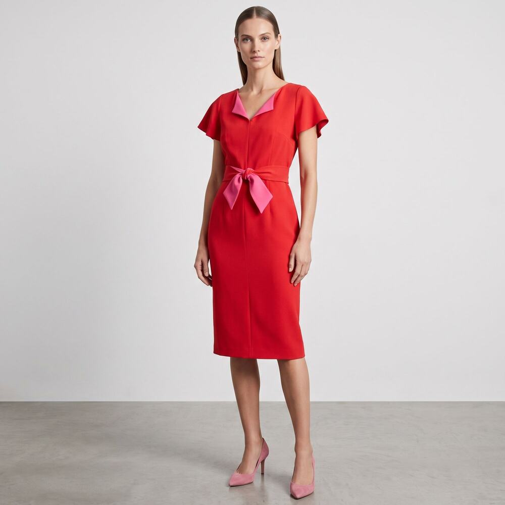 MILLY Colorblock Red Sheath Midi Dress Pink Bow Waist Flutter Sleeve Women's 10